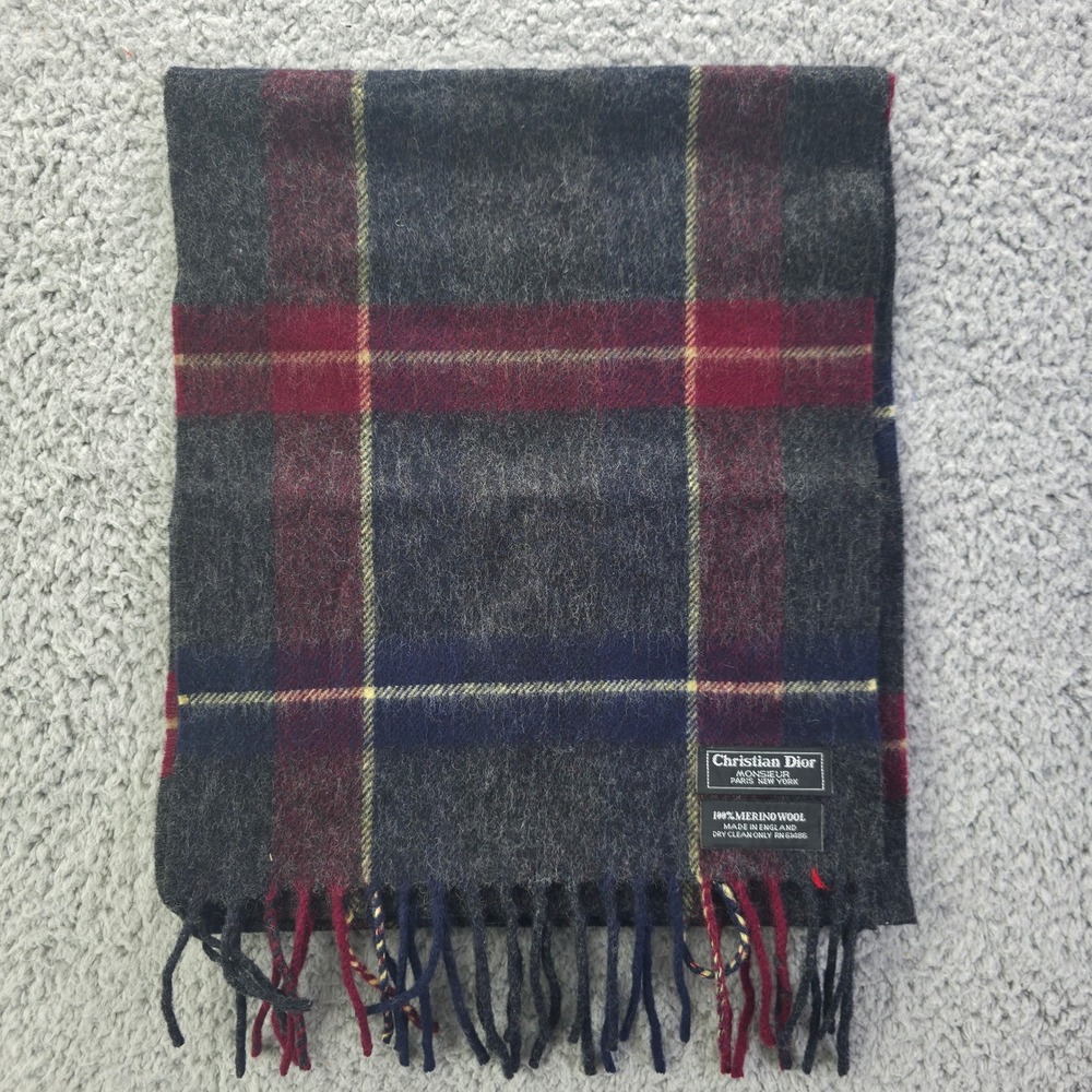 Vintage Christian Dior Monsieur Plaid Scarf Merino Wool Burgundy Plaid England